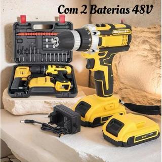 Parafusadeira Furadeira 48V 2 BATERIAS Com Maleta e Acessórios Completo amarelo