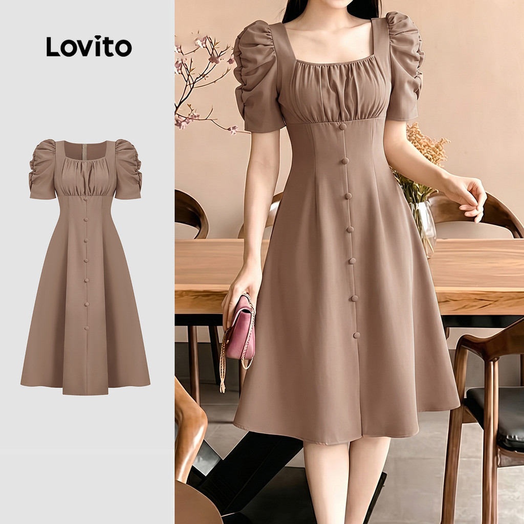 Lovito Vestido Casual de Verão com Pregas e Botões Na Cor Cáqui para Mulheres LK