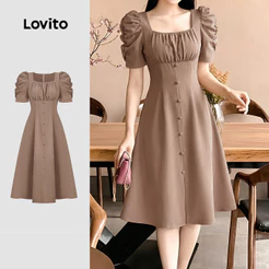 Lovito Vestido Casual de Verão com Pregas e Botões Na Cor Cáqui para Mulheres LK6LD087