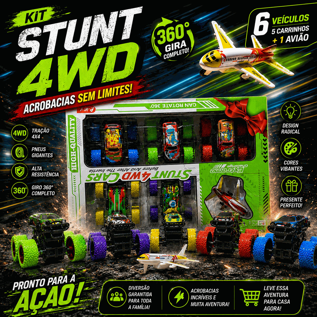 Brinquedos De Menino Monster Truck Caminhão Carrinho Monstro Stunt 360 4WD Fricção Miniatura C/Avião