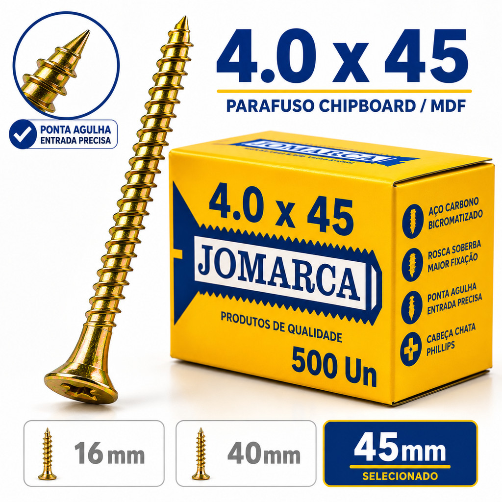 Kit 500 Peças Parafuso Chipboard 4,0x45mm Philips Cabeça Chata Para Madeira MDF Jomarca