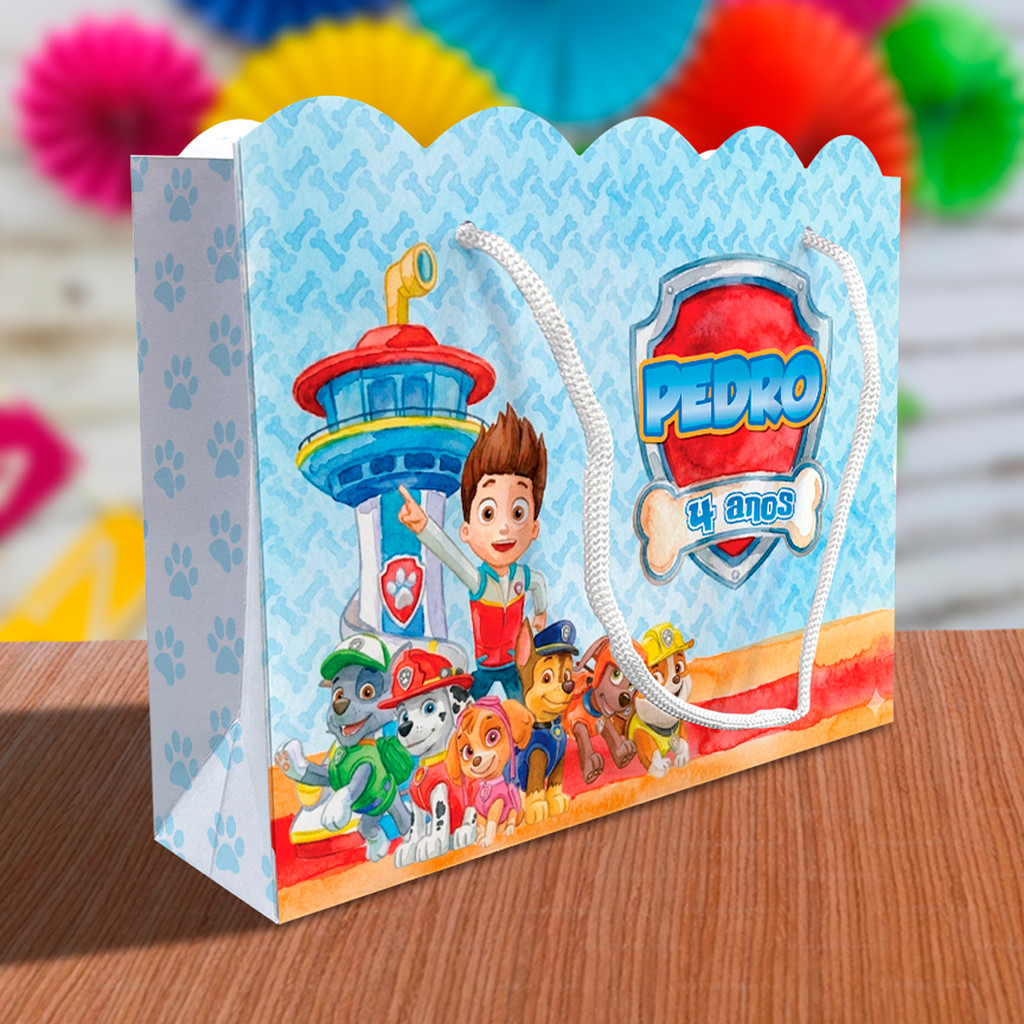 Sacolinha Patrulha Canina Ondulada Personalizada Festa Aquarela Lembrancinha Kit Festa Sacola Chase Marshall Skye