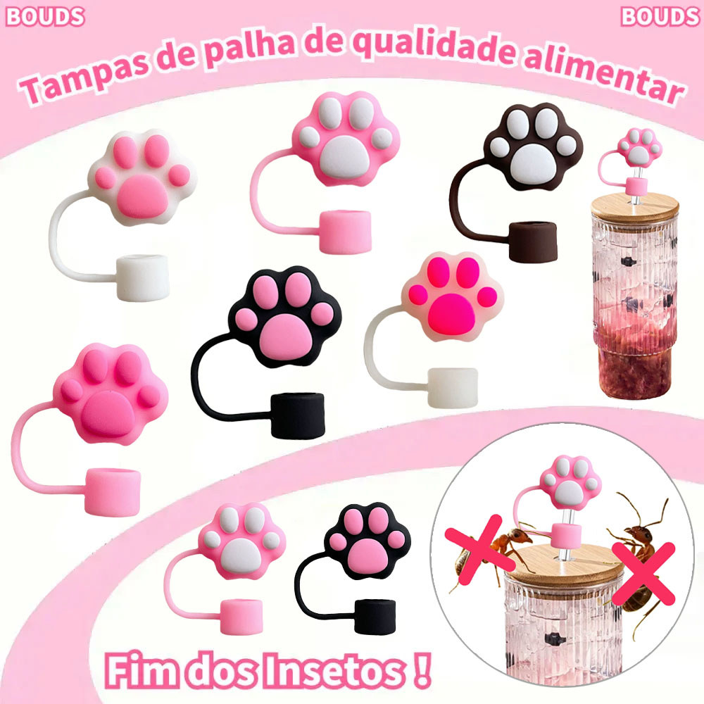 Tampas de palha em silicone alimentar 10 mm,capa reutilizável com forma de gata 3D,protetora contra poeira para canudos