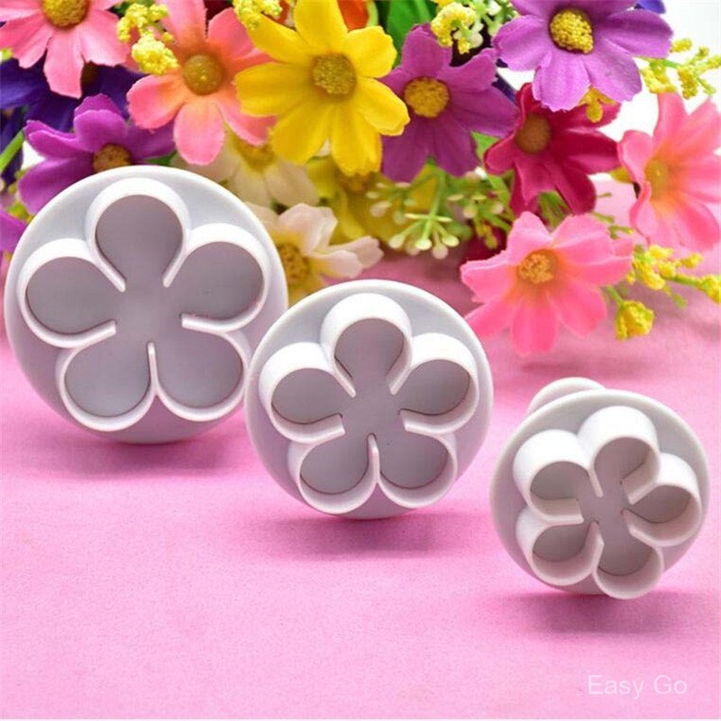 3Pcs Cortador De Punção De Flor Cookie Biscoitos DIY Blossom Flower Cake Fondant Molde De Bolo Plástico Ferramentas Para