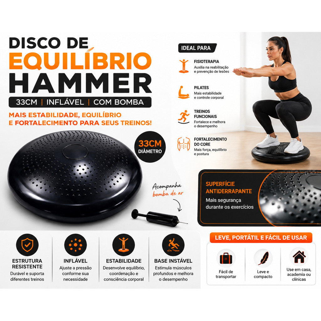 Disco Equilíbrio Core Hammer 33cm Inflável Ajuste Pressão Treino Funcional Pilates Fitness Fisioterapia bomba inclusa
