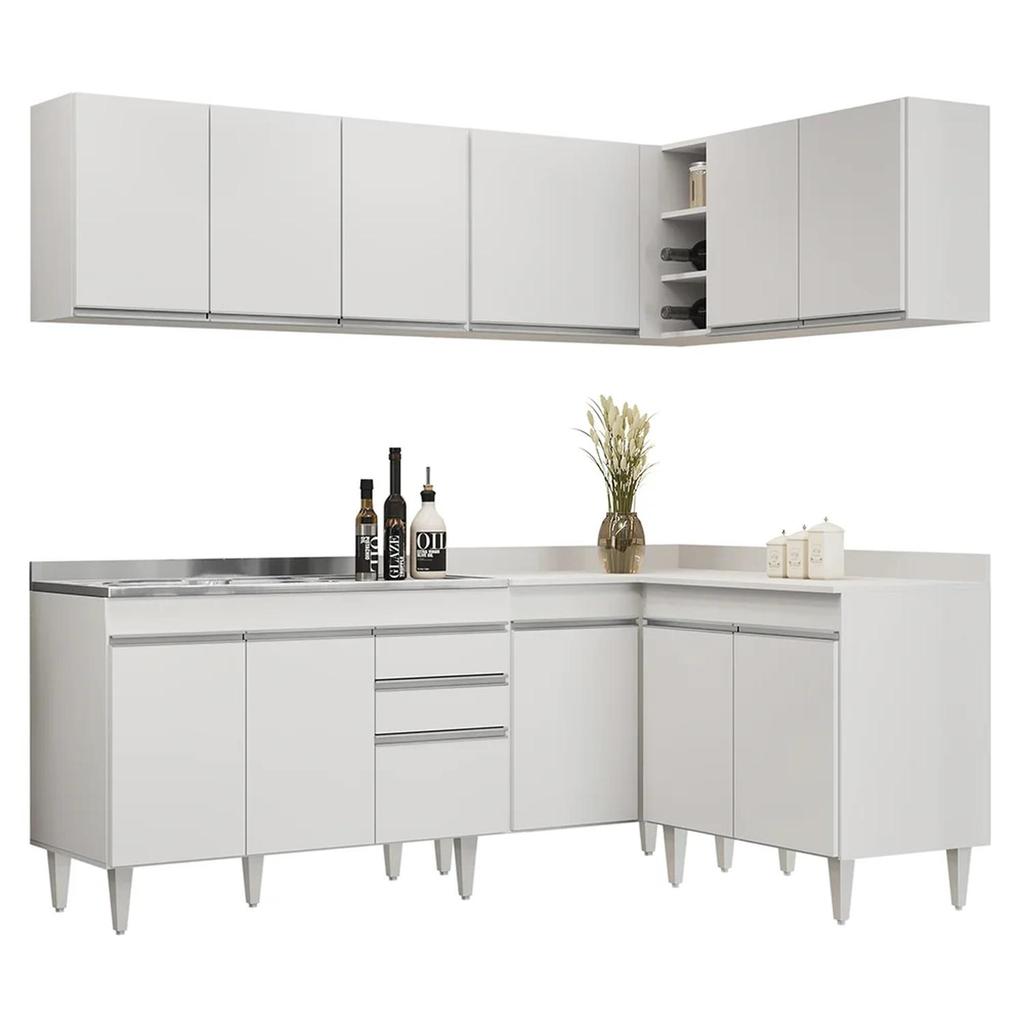Armário de Cozinha Modulado de Canto 6 Peças CP30 com Pia Inox Branco - Lumil