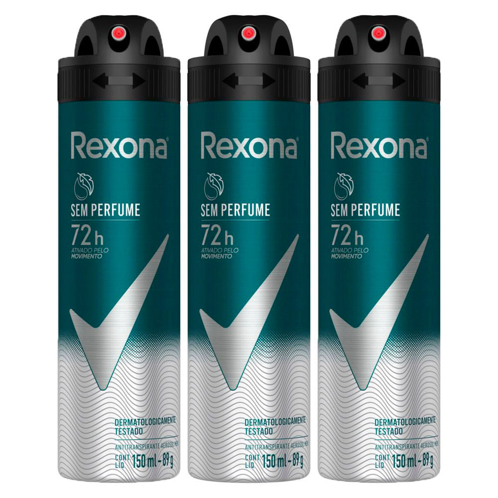Kit 3 Desodorante Antitranspirante Aerosol Masculino Rexona Sem Perfume 72 horas 150ml