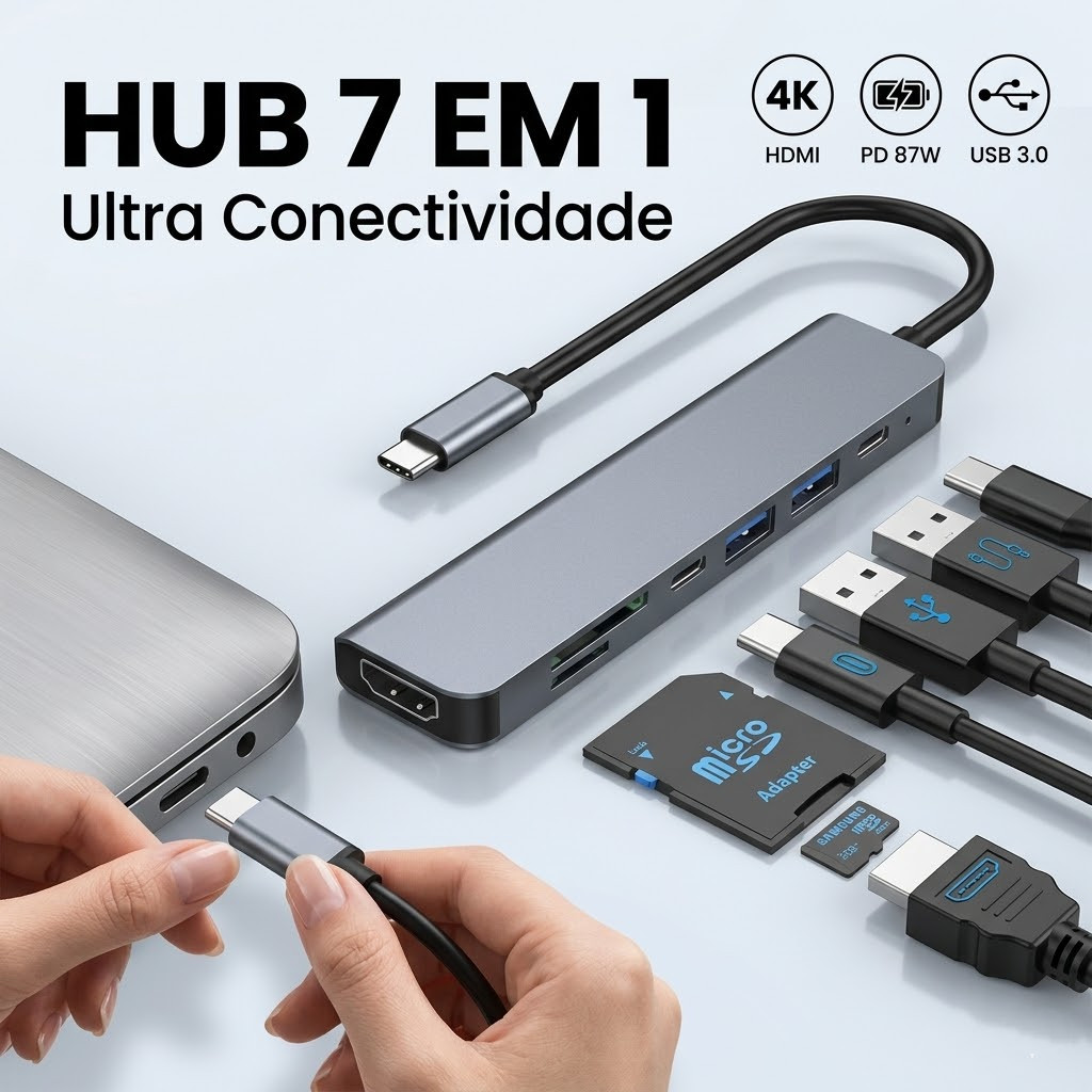 Hub USB-C 7 em 1, adaptador HDMI 4K, adaptador Tipo C para laptops e celulares, cabo extensor de carregamento PD de 87 W