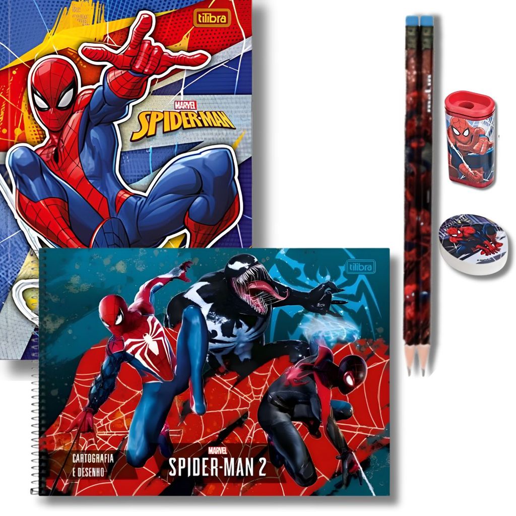 KIT 1 CADERNO BROCHURA +1 CADERNO CARTOGRAFIA +2 LAPIS DE ESCREVER , APONTADOR E BORRACHA SPIDER MAN