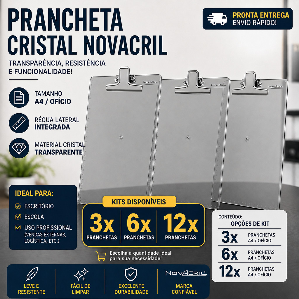 KIT PROMOCIONAL Prancheta de Plástica A4 Ofício Com Prendedor de Metal  220mm x 305mm Novacril