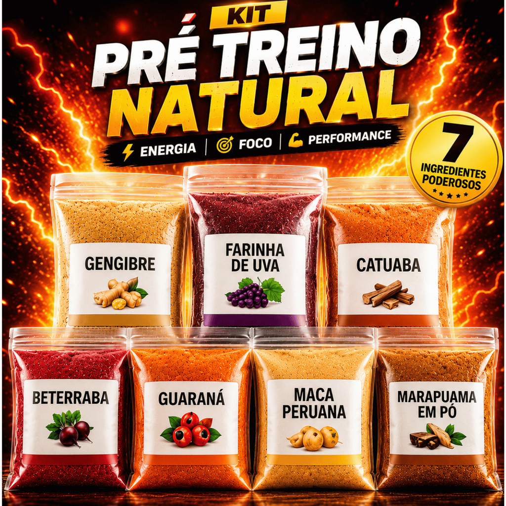 Kit Pré Treino Natural Energia Foco Disposição 7 itens