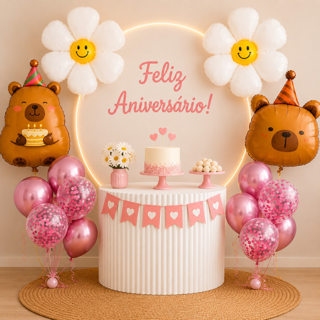 Detalhes do Kit Decoração Capivara Rosa Completo + Balões Capivara e Flores + Balões Cromados e Confete Festa Feminina