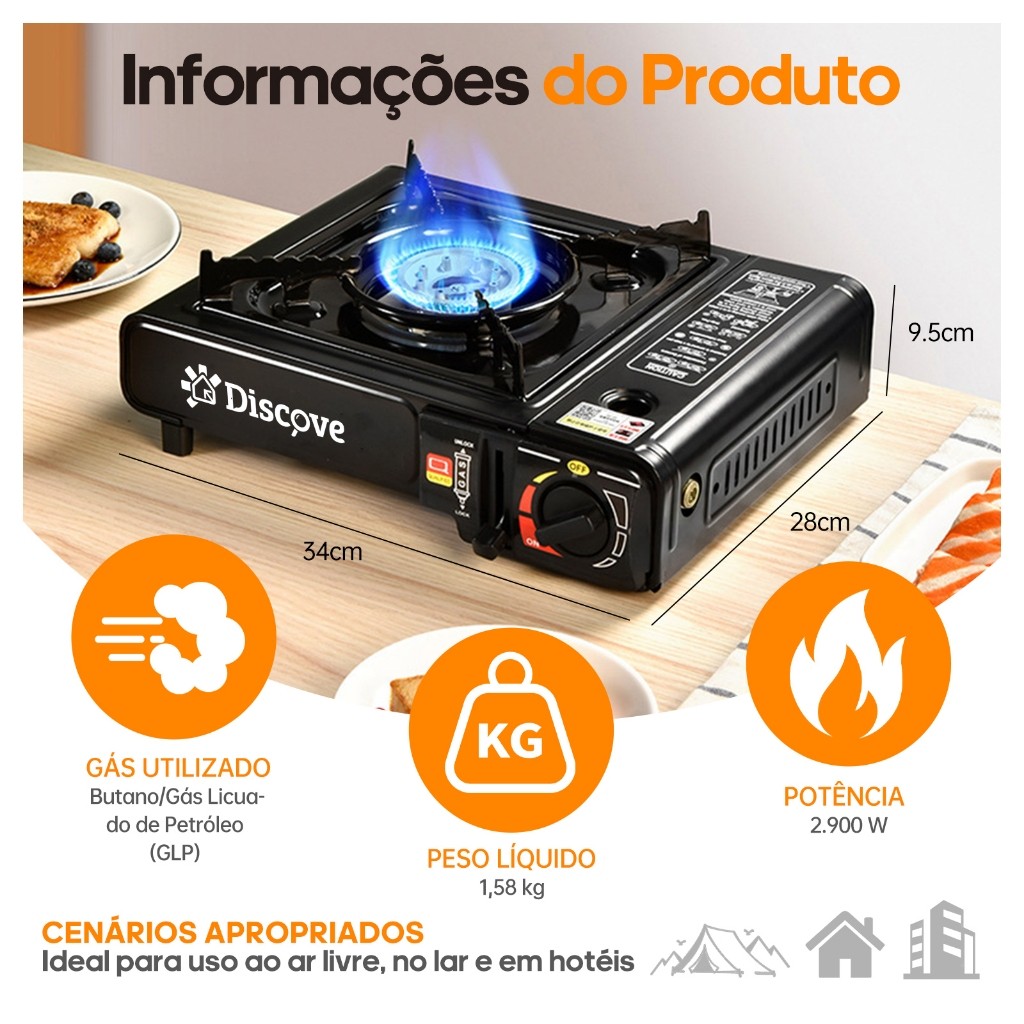 Fogao Portatil Fogareiro De Mesa A Gas 1 Boca Com Maleta Viagem Camping Acampamento 2900W Potente