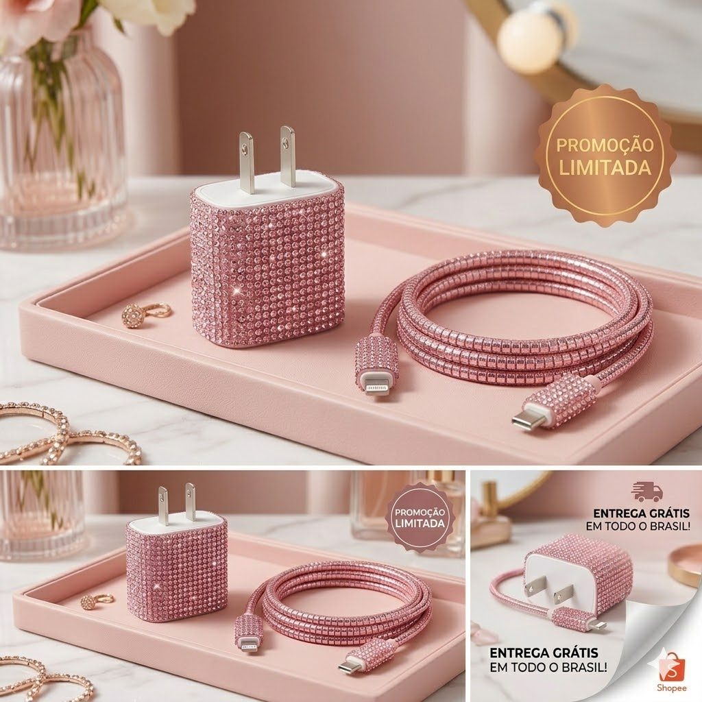 capa Kit Protetor de Carregador 18w/20w iPhone 5 em 1 Pedraria Strass Brilhante Luxo com Organizador de Cabo Anti-quebra