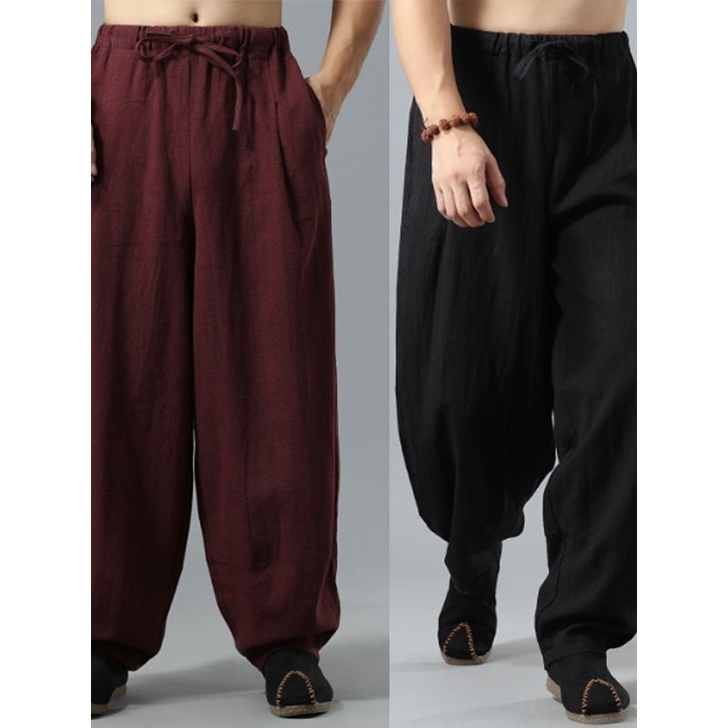 Verão Tang terno pano estilo chinês calças masculinas casuais calças de perna larga Bloomers solto algodão linho prática