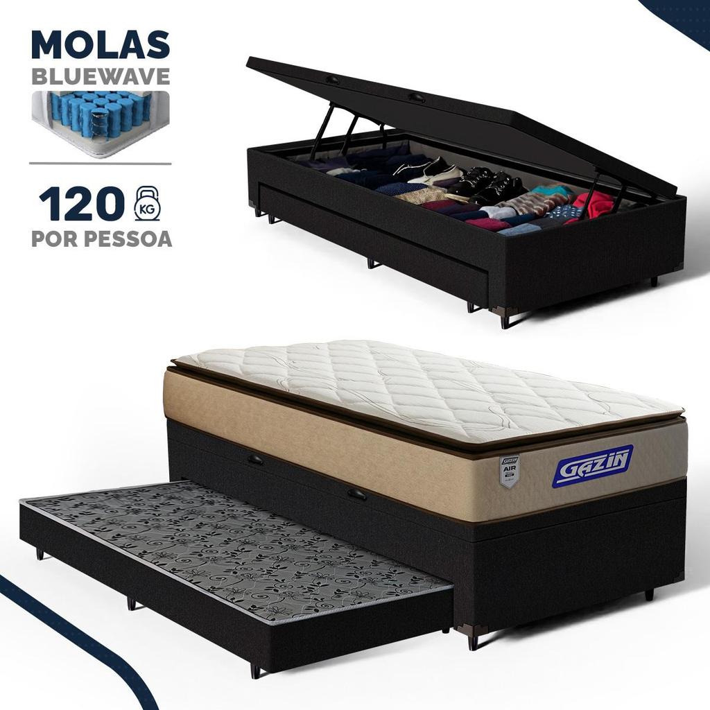 Cama Box Baú com Colchão Gazin de Molas Ensacadas Pillow Top Air Pro + Auxiliar Espuma Solteiro 88cm