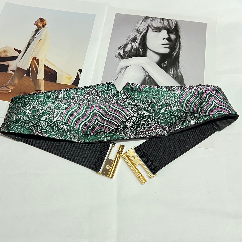 Novo estilo chinês estilo chinês cinto Retro dopamina verde dourado rio penhasco padrão Jacquard cinto elástico antigo H