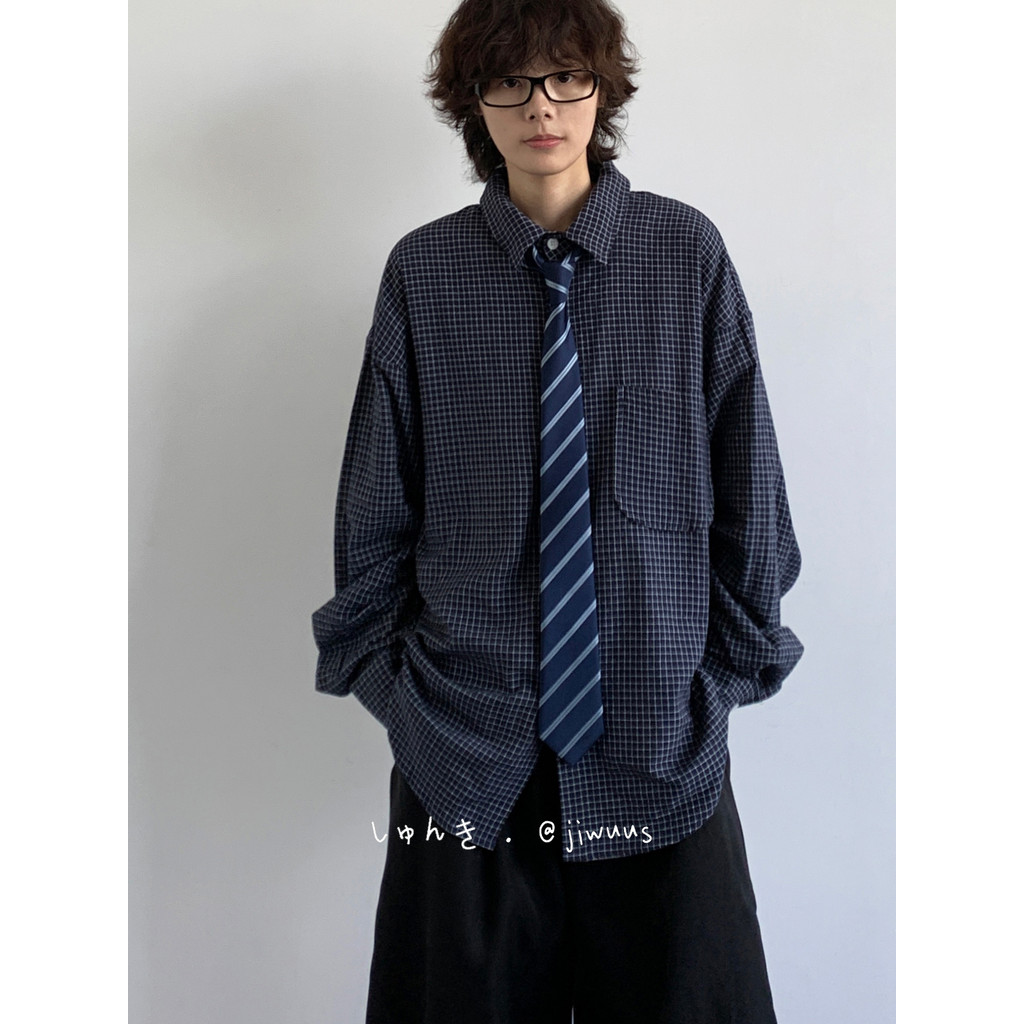 Primavera outono japonês Retro luz azul riscas camisa masculino feminino estudante de manga comprida camisa de fundo Cas