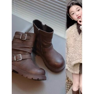 Crianças Retro Mid-Tube botas 2025 estilo ocidental botas de couro meninas mais veludo princesa botas inverno novo estil