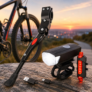 Kit Bike Completo com Descanso Lateral Regulável em Alumínio + Farol LED 300 Lumens e Sinalizador de Segu---WJ Store