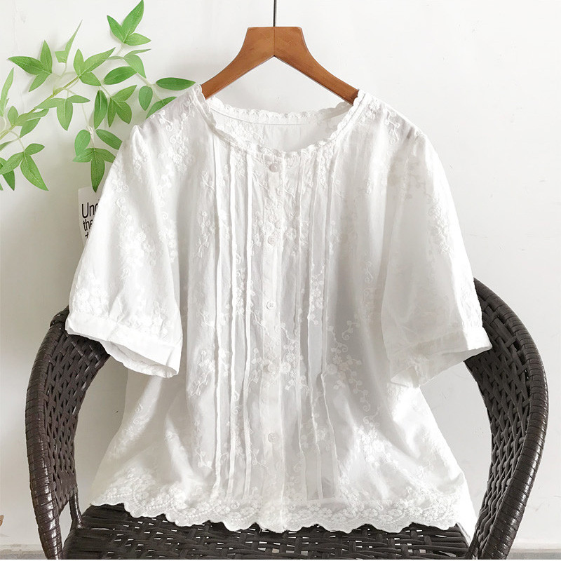 Verão estilo palácio algodão topo pequena camisa temperamento órgão plissado renda bainha branco bege camisa feminina ma