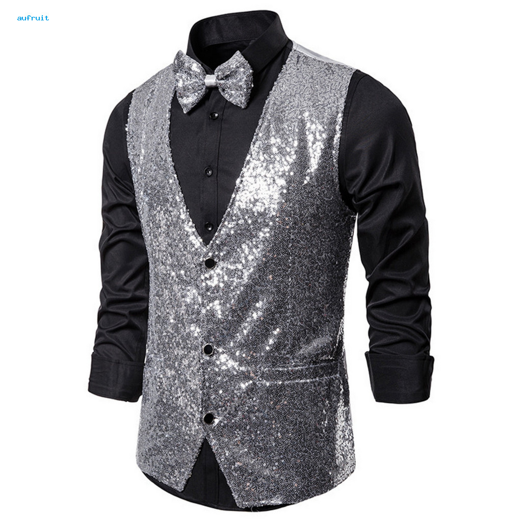 Trendy Single-breasted Vest for Men Solid Color Sleeveless Jacket Men's Sequin Bow Tie Set Slim Fit Waistcoat V-neck for