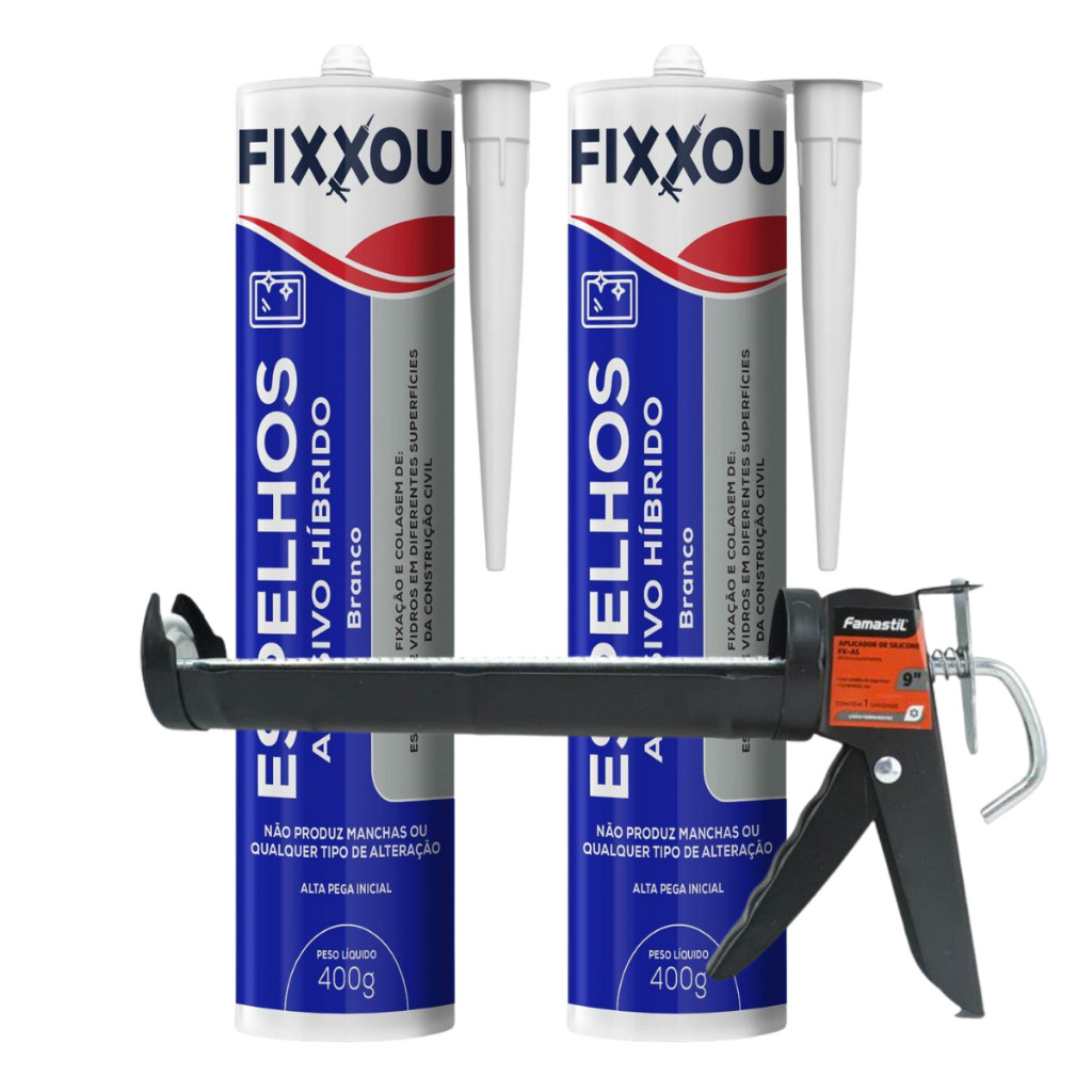 Kit 2 Cola Fixa Espelho Branco 400g FIXXOU + Pistola Aplicadora 9 Pol Canoa Famastil