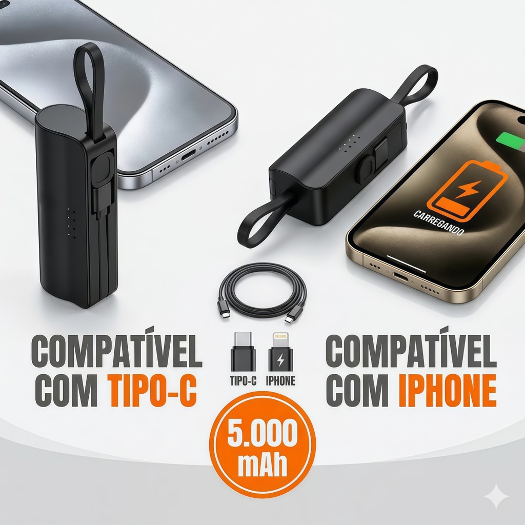 Power Bank 5000mAh Alta Capacidade 2 em 1 Sem Fio, Carregador Portátil Compatível com iPhone e Tipo-C