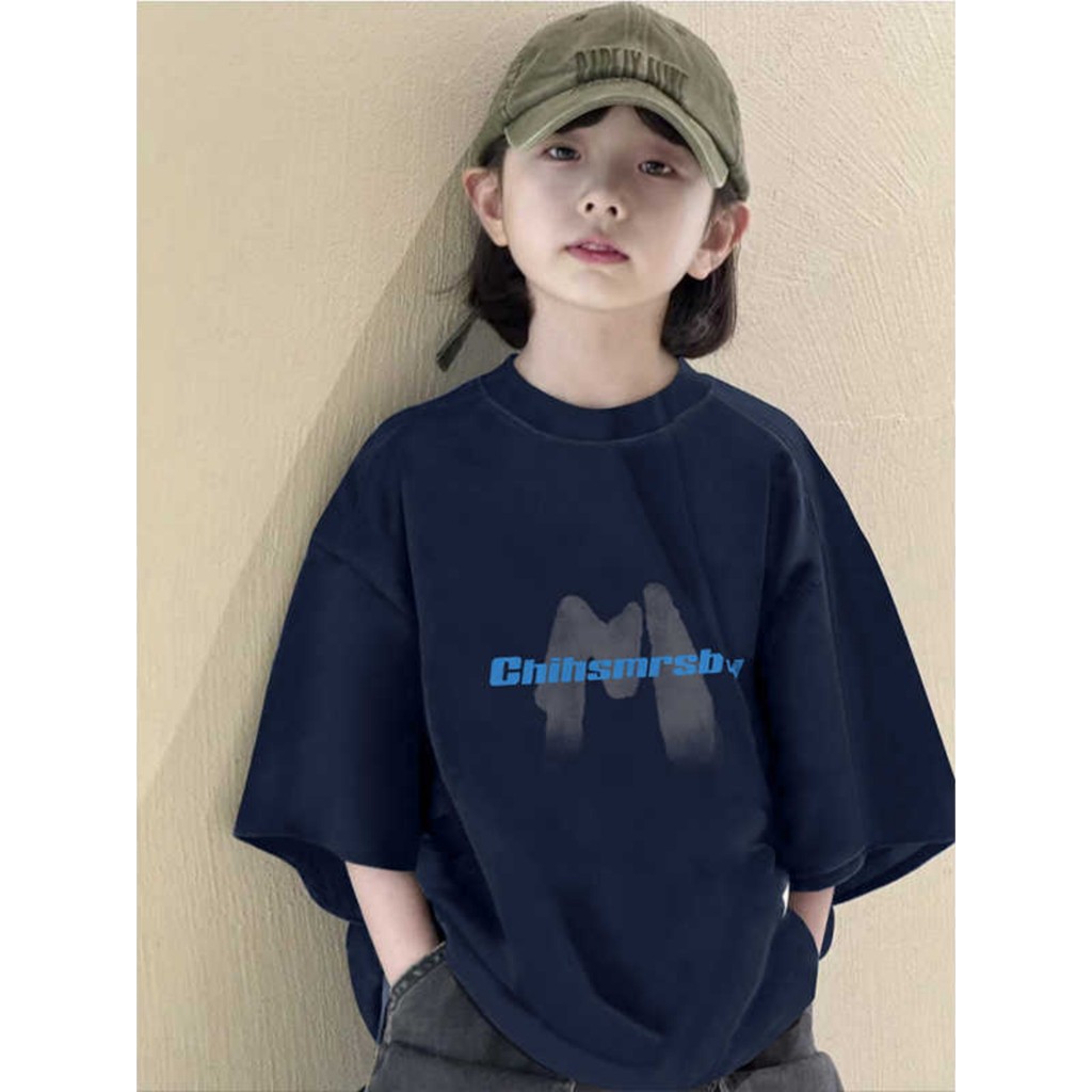Menina verão camiseta de manga curta meninos meninas solta carta impressão crianças moda puro algodão meia manga camiset