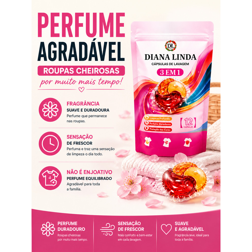 Detergente em Cápsulas 3em1 – Limpeza Profunda, Perfume Forte, Remove Manchas – 12 Pods