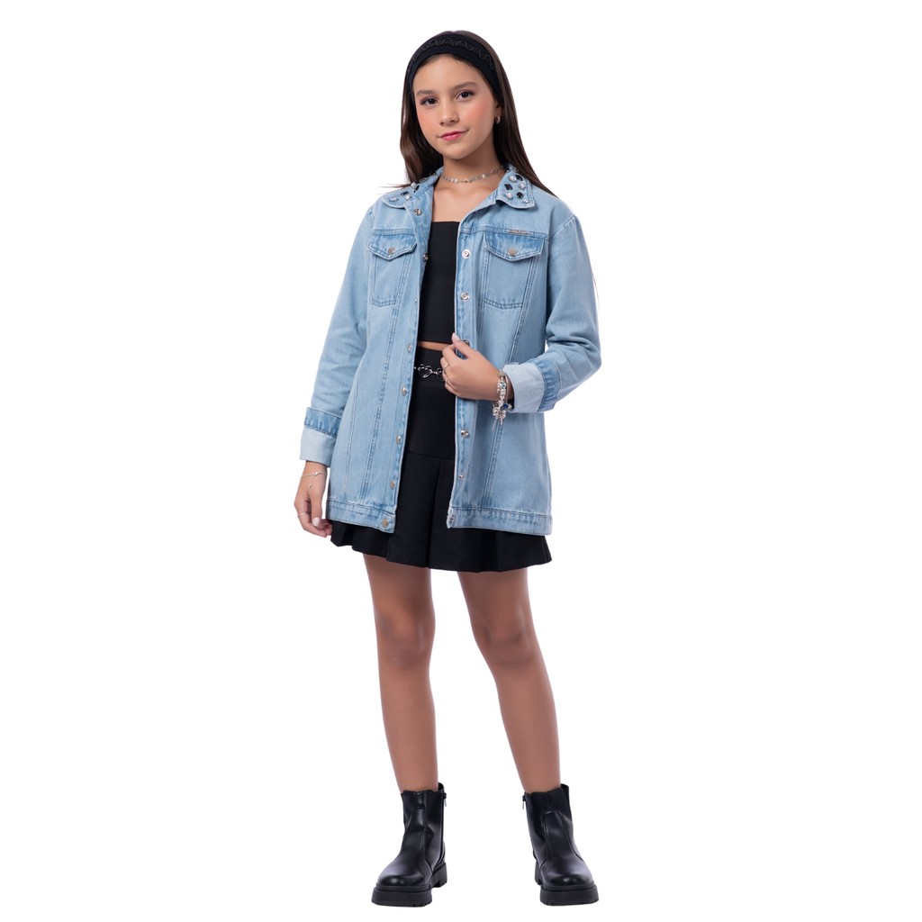 Jaquetão Jeans Kukixo com Aplicações em Pedraria