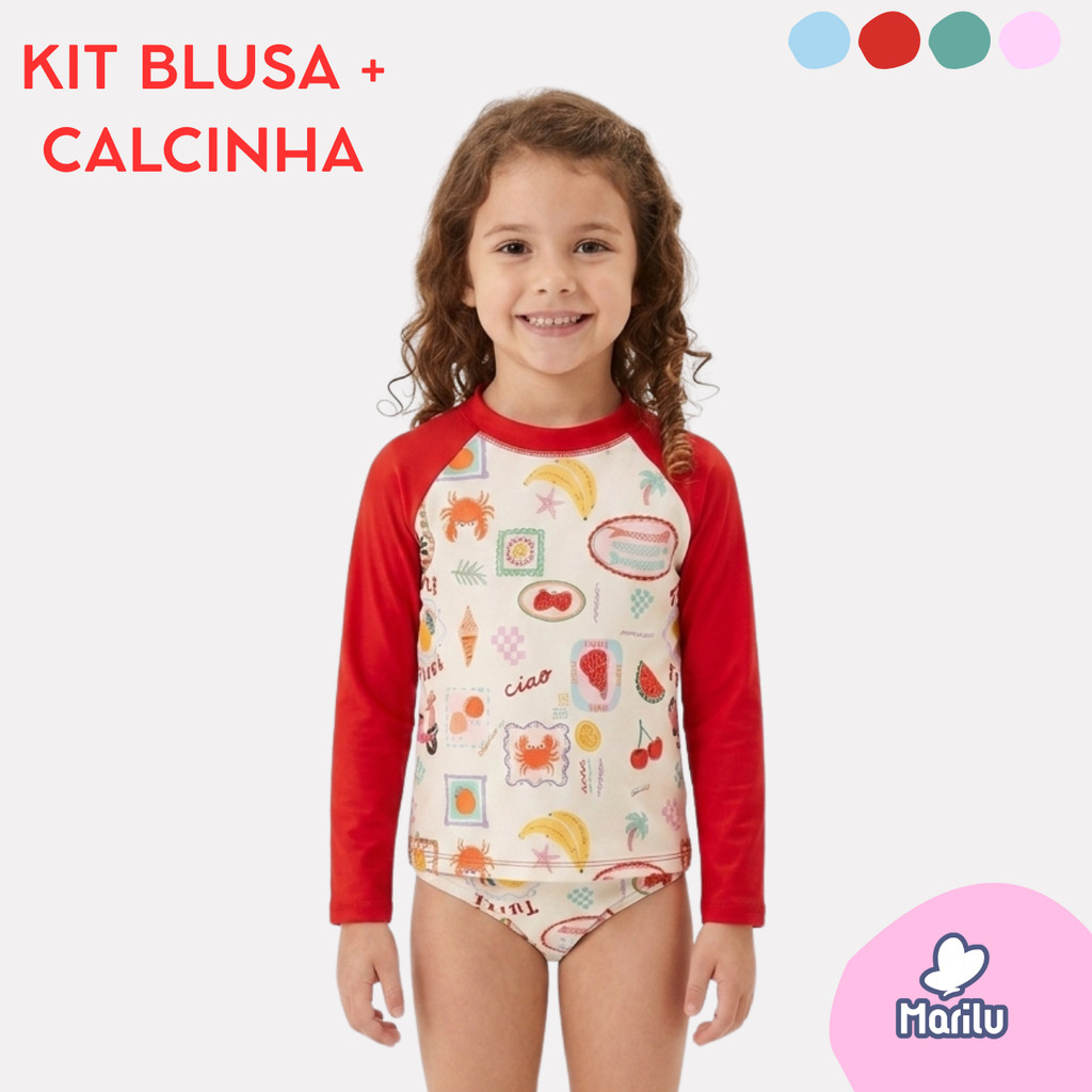 Conjunto de banho praia infantil proteção uv camisa e calcinha menina feminino piscina solar natação estampado