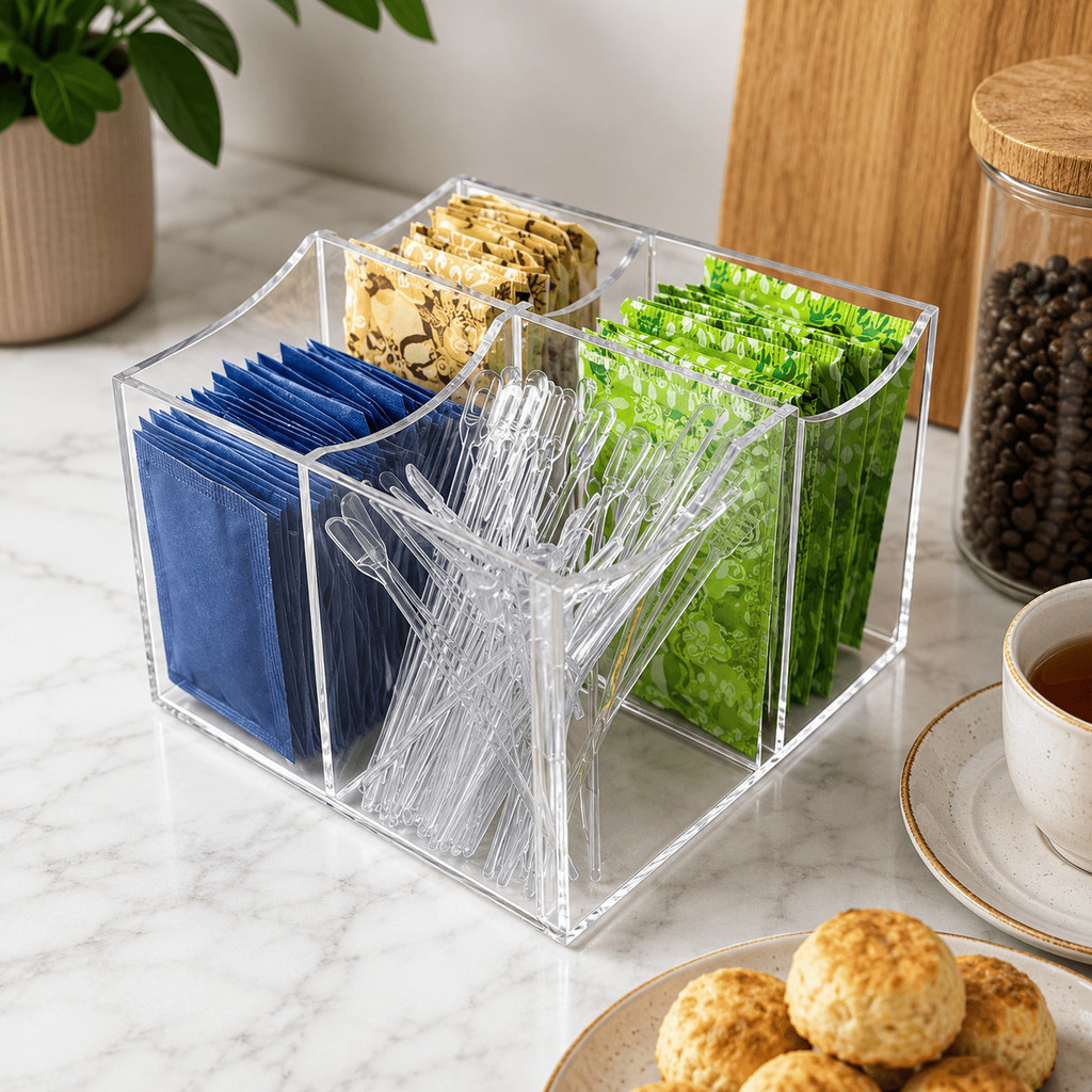Porta Organizador Sachês De Açucar 4 Div Adoçante Mexedor Café