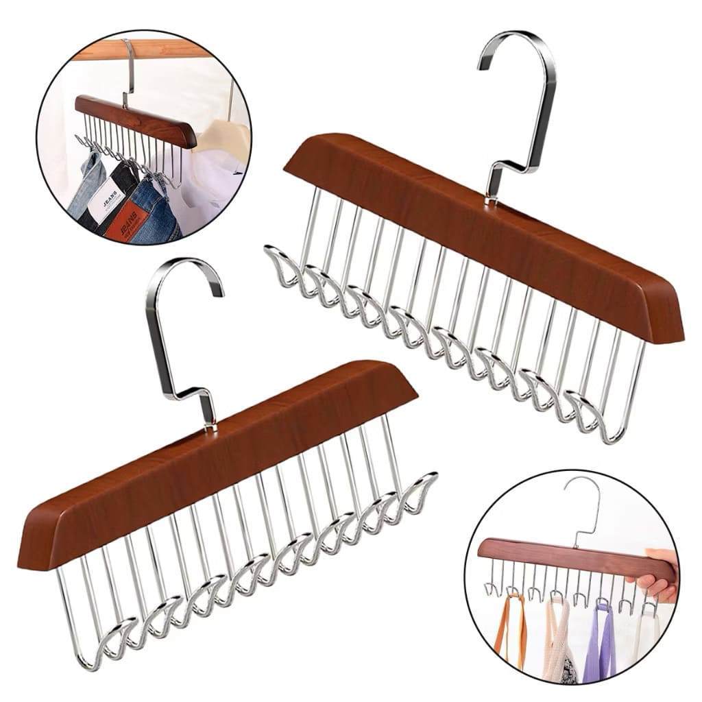 Cabide Madeira Organizador Cintos Gravatas Sutiã Com 8 Ganchos De Metal Suporte Multi-uso Guarda Roupa