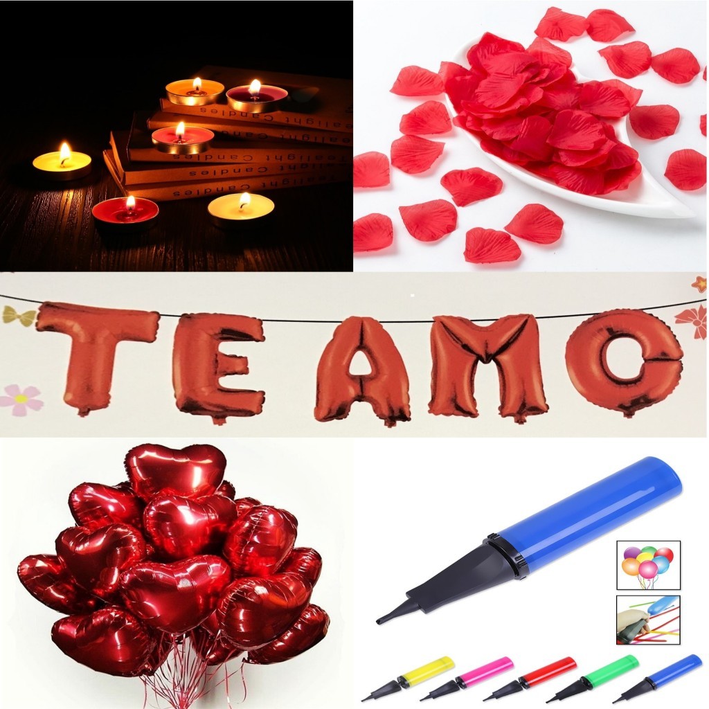 Kit Romântico - 100 Pétalas Artificiais + 6 Balão Coração + 6 Velas + Balão Te amo + Gota Cola + Bomba