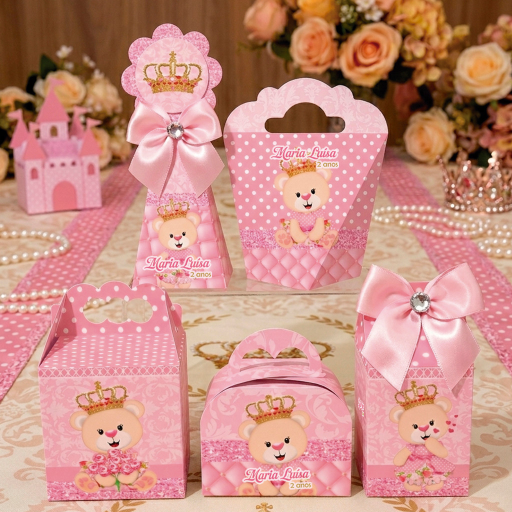 Kit Festa Personalizados Ursinha Princesa PEGUE E MONTE Realeza Lembrancinhas Caixinhas Laço Menina