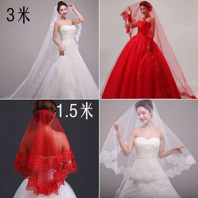 Véu de noiva estilo coreano véu de renda longo estilo curto vestido de casamento véu vermelho novo estilo arrastando ver