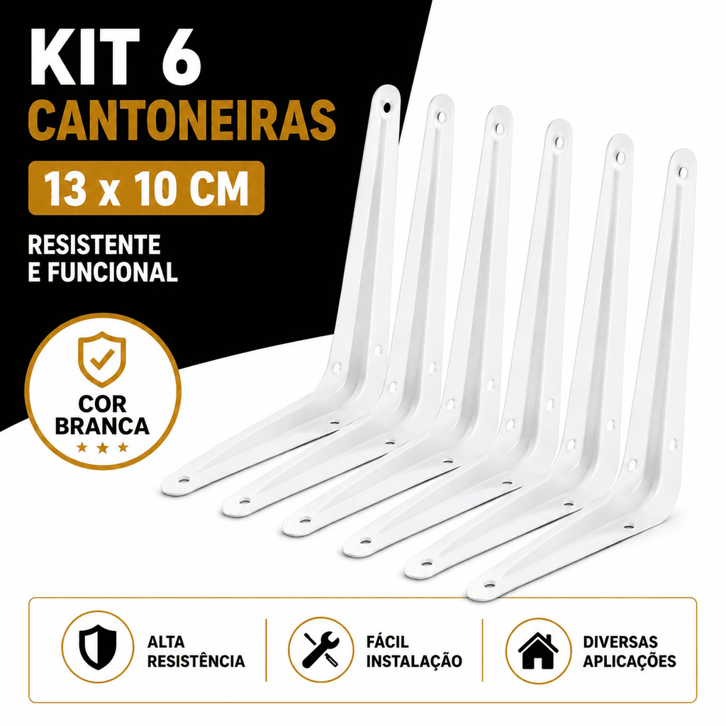 Kit 6 Cantoneira de Metal 13x10cm EM L Branco Suporte Para Prateleira Madeira Parede Casa Decoração Mão Francesa