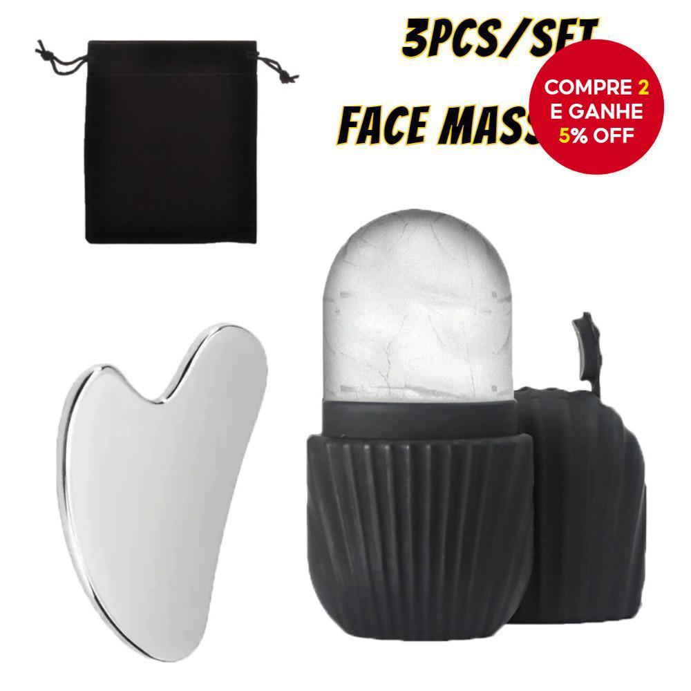 Conjunto de Rolador Facial de Gelo e Placa de Gua Sha em Aço Inoxidável – Massageador Facial Reutilizável e Refrescante