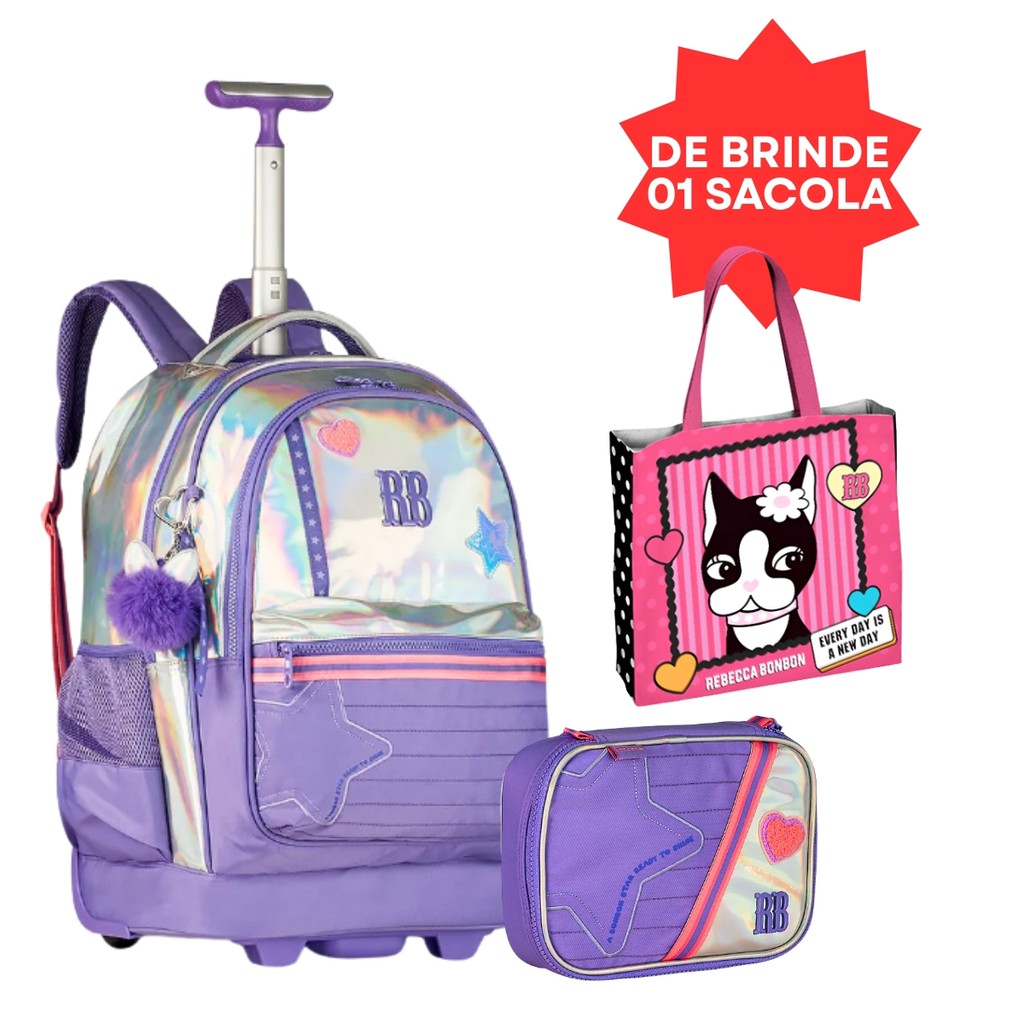 Kit Mochila De Rodinha Rebecca Bonbon Com Alças Acolchoadas Escolar Holográfica Estojo Box Pra 36 Pens + Sacola - Clio