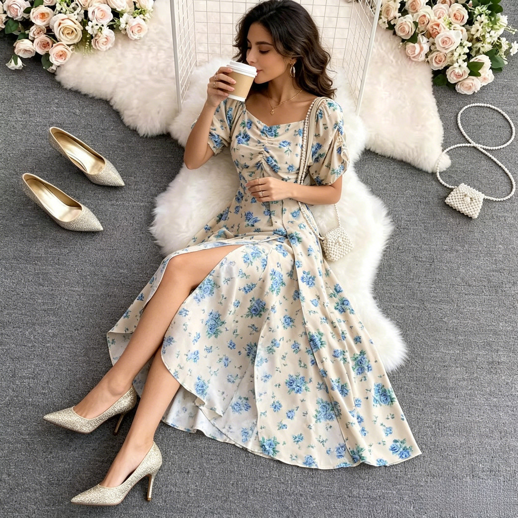Vestido soltinho com efeito de cintura marcada e emagrecedor, decote quadrado, estampa floral, corte em A e barra ampla.