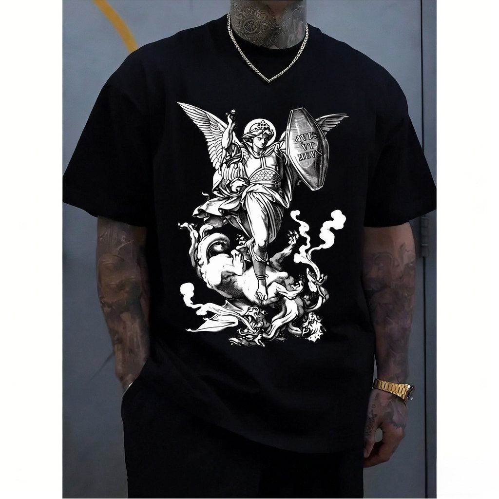 [Camiseta Premium em Algodão Puro]CC Oversized Camiseta Masculina Streetwear Religioso, Estampa de Anjo, Lazer, 100% Alg