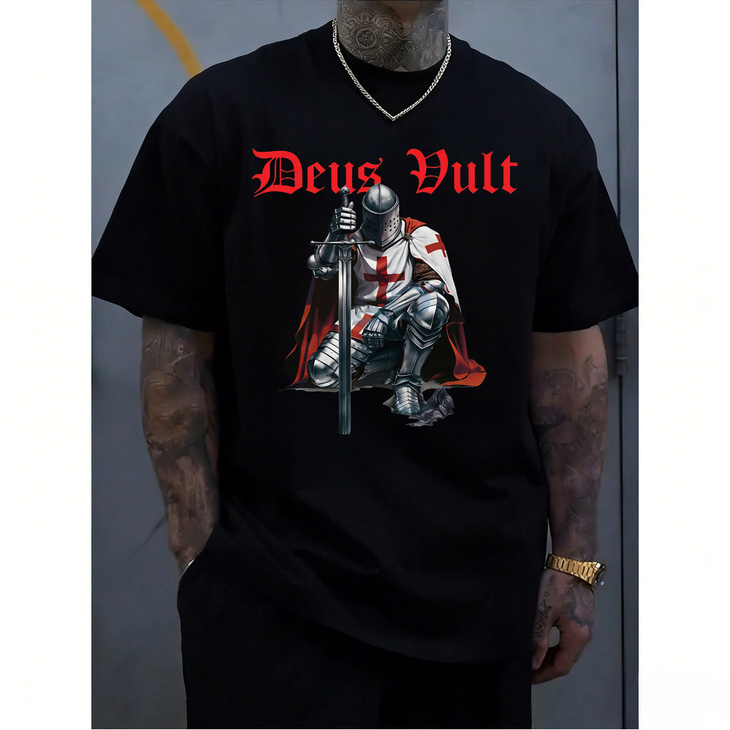 [Camiseta Premium em Algodão Puro]CC Oversized Camiseta Masculina Streetwear de Estilo Religioso, com Impressão de Caval