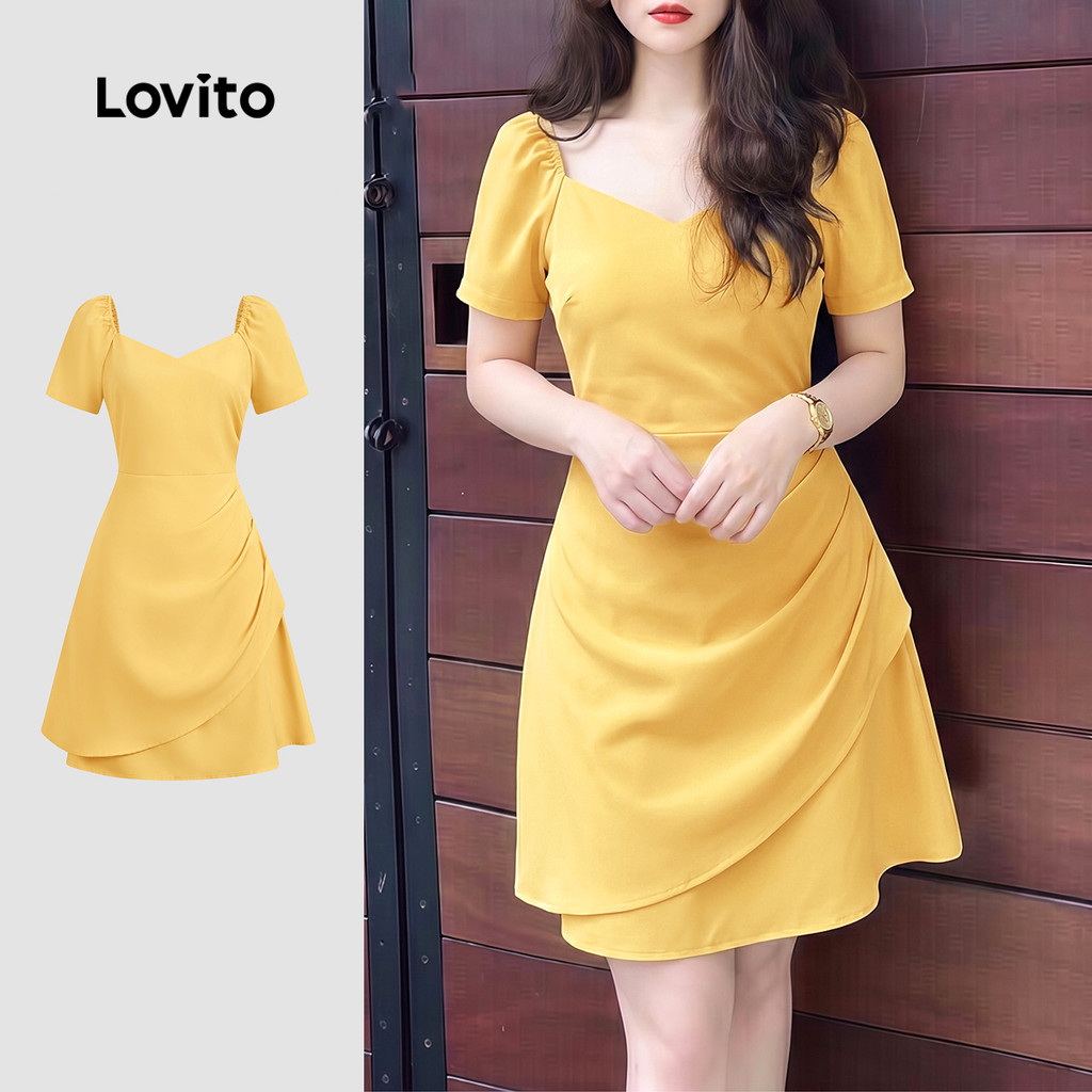 Lovito Vestido Elegante Plissado com Babado Primavera/verão Vestido Amarelo para