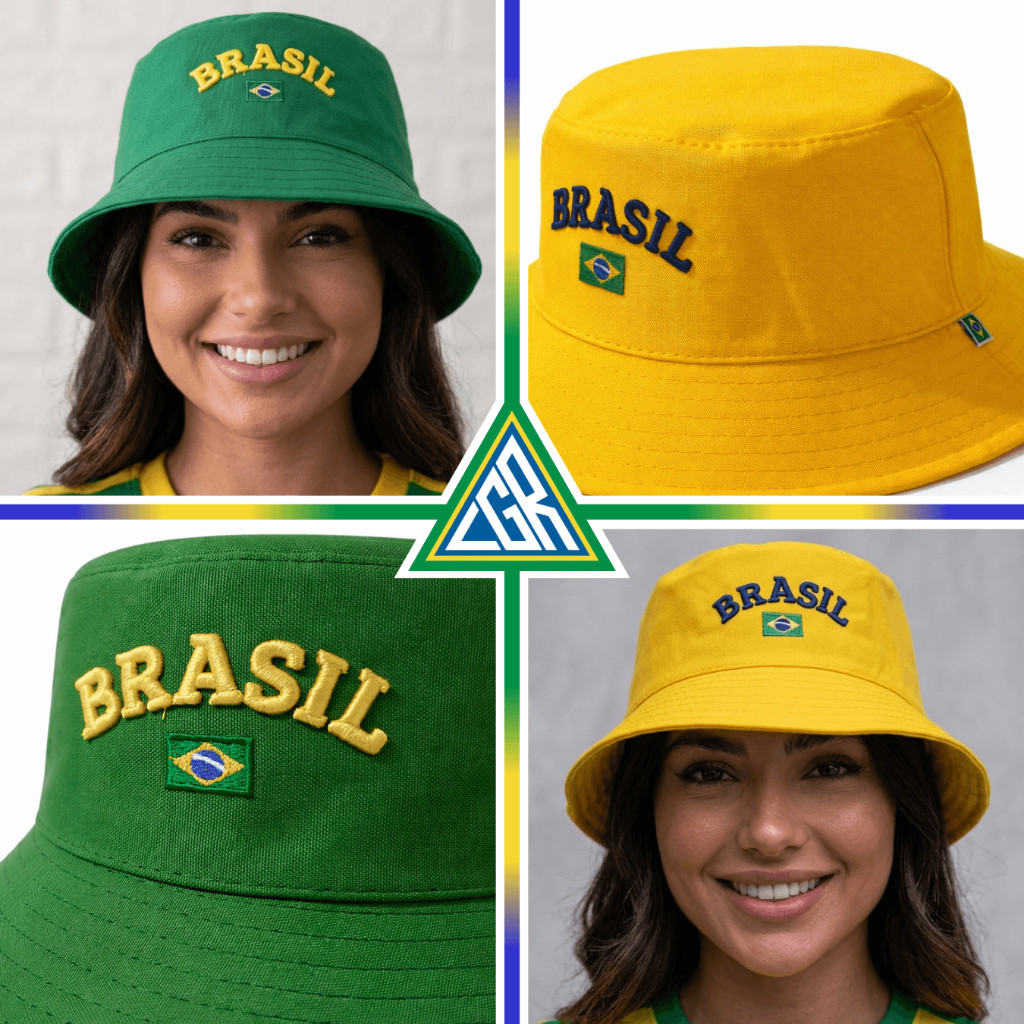 Chapéu Bucket Hat Brasil Bordado Copa do Mundo Chapéu Pescador Unissex Verde Amarelo Torcida