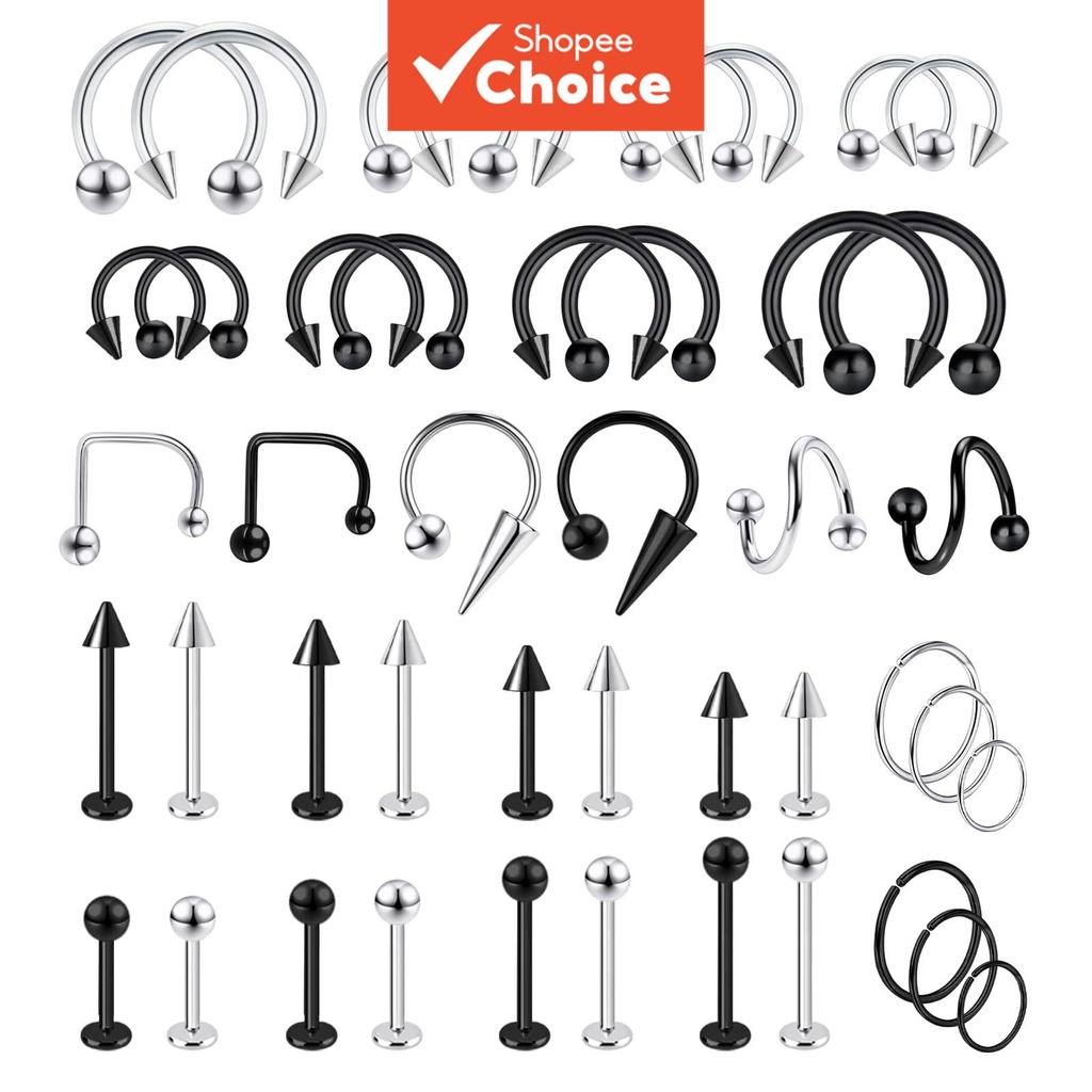44 Pçs Anéis Labiais 16g Aço Cirúrgico Labret Barbell Piercing Conjunto Vertical Pico Cobra Mordida Ferradura Septo Nari