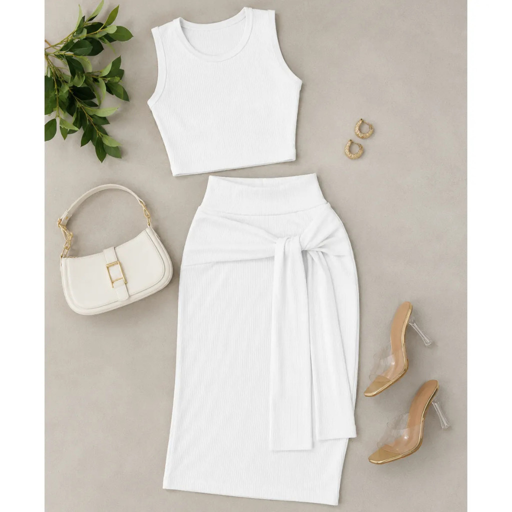 Conjunto Feminino Canelado Midi Regata Saia Amarração Moda Blogueira Elegante
