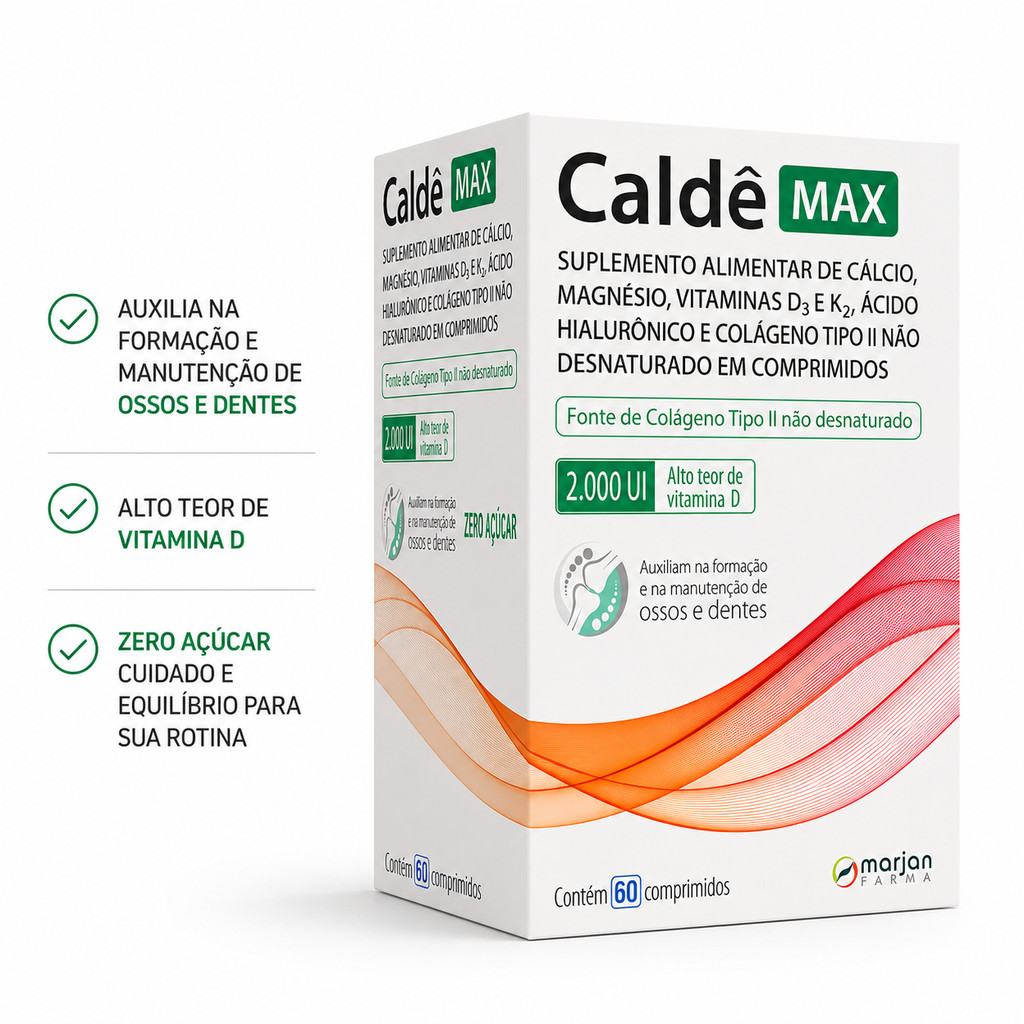 Polivitamínico Caldê Max 60 Cpr Colágeno Tipo II Vit D Calcio Magnesio Vit E K2 Ac Hialuronico Ossos