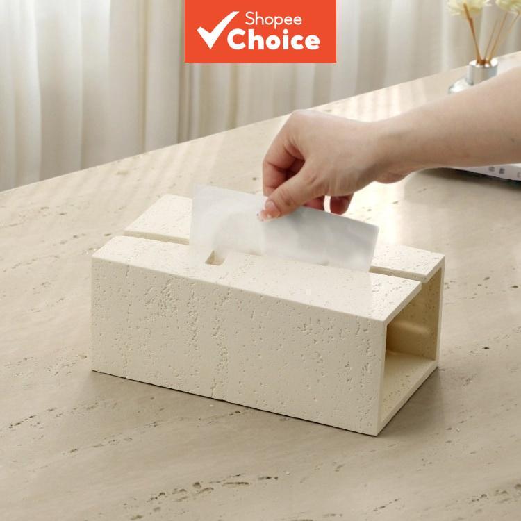 Caixa de Lenços Quadrada de Resina com Textura Falsa de Travertino Estética, Suporte de Lenços de Mesa para Mesa de