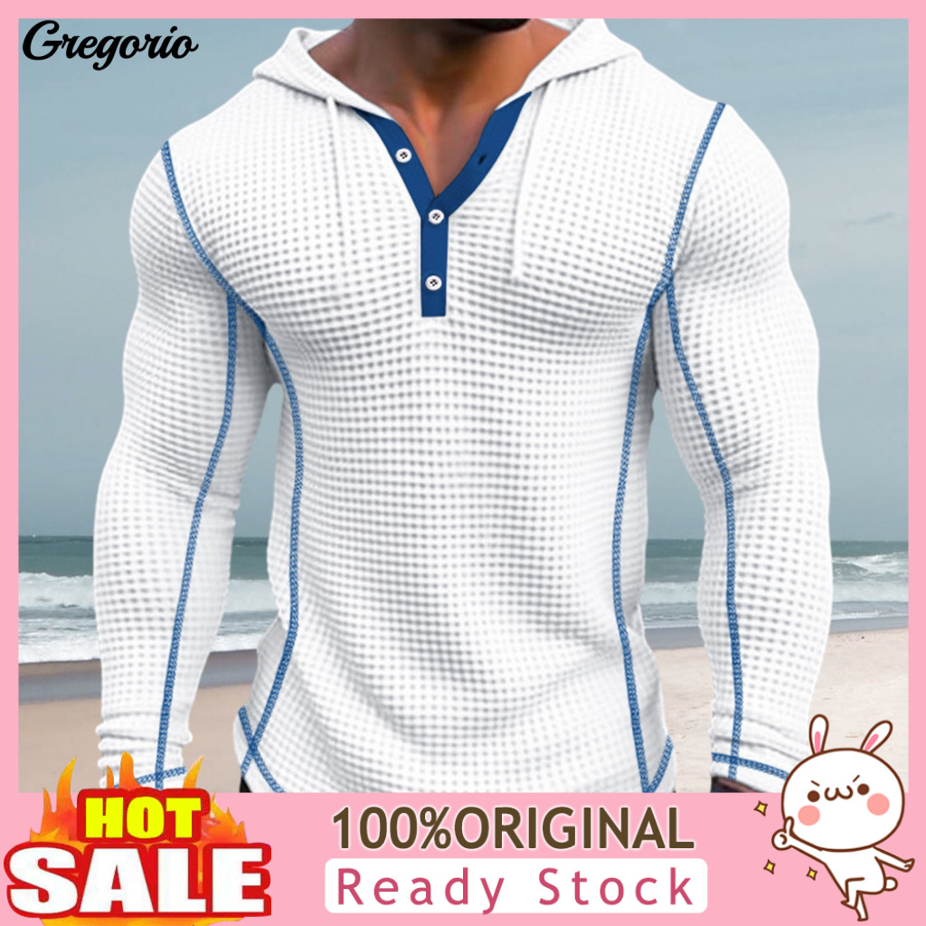 Men Polyester Hoodie Breathable and Sweat-proof Men's Slim Fit Cotton Waffle Long Sleeve Pullover with Button Closure St